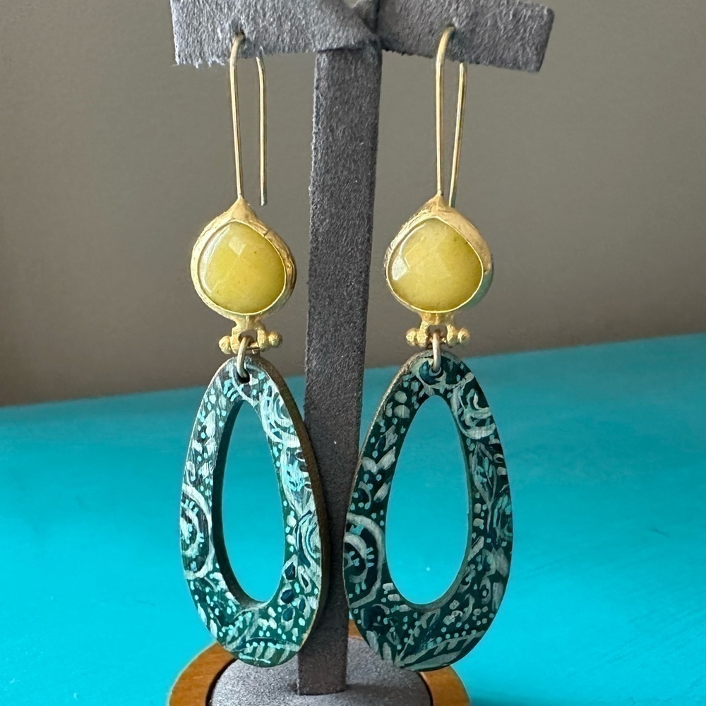 Hand Painted Wooden Teardrop Aqua Turquoise Yellow Jade and 14k Gold Earwire